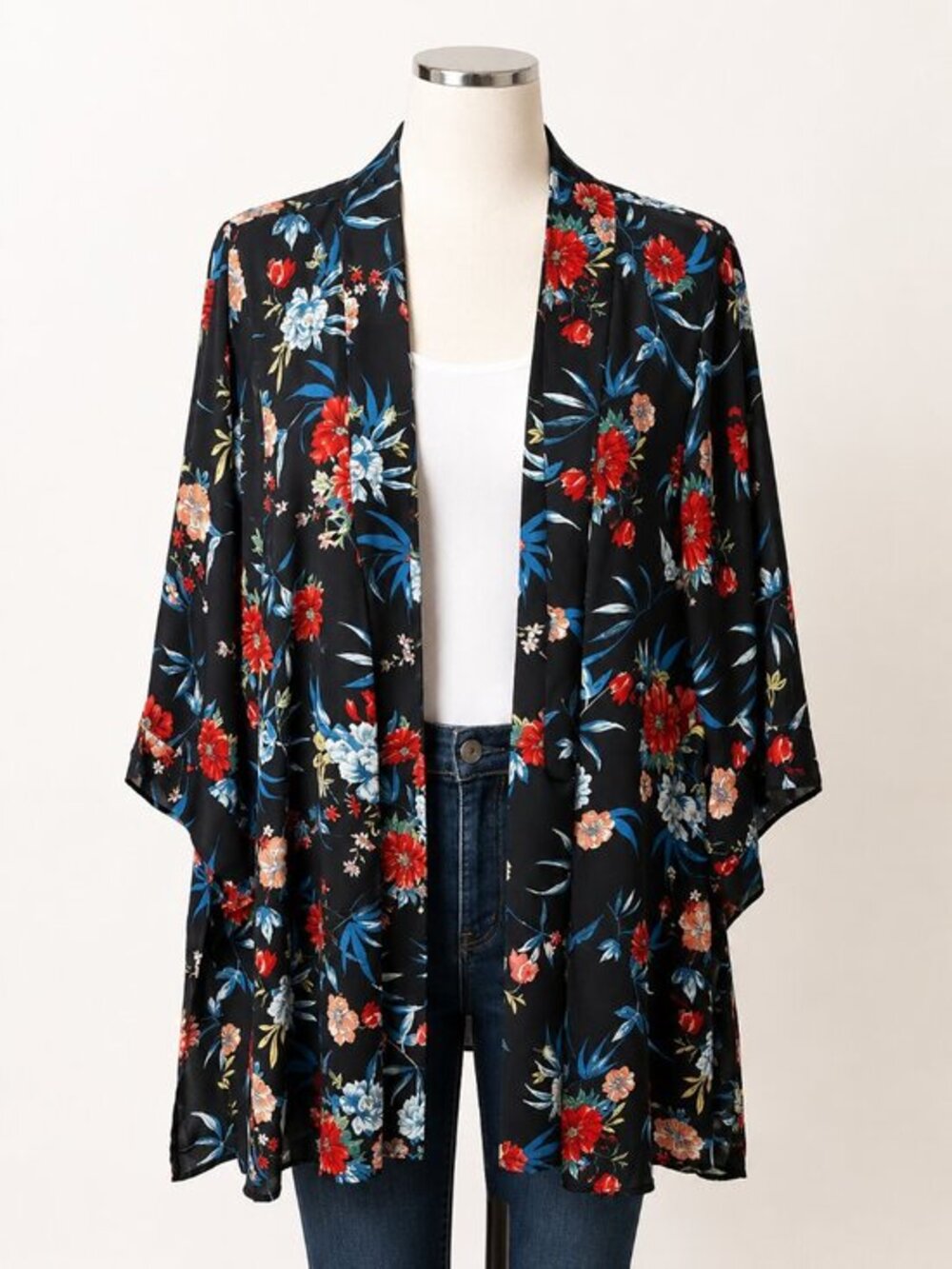 4 for $25 🌺 Tahari Black Floral Open Front Kimono Cardigan | XL 🌺